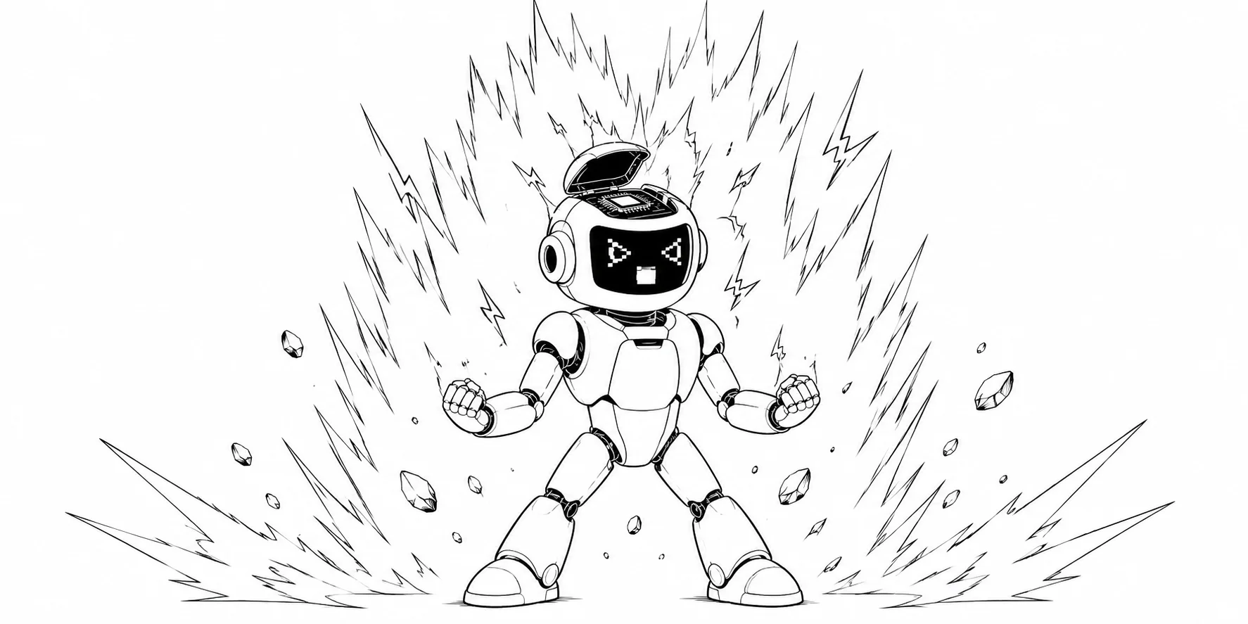 An AI robot powering up with a rising energy aura and levitating stones.